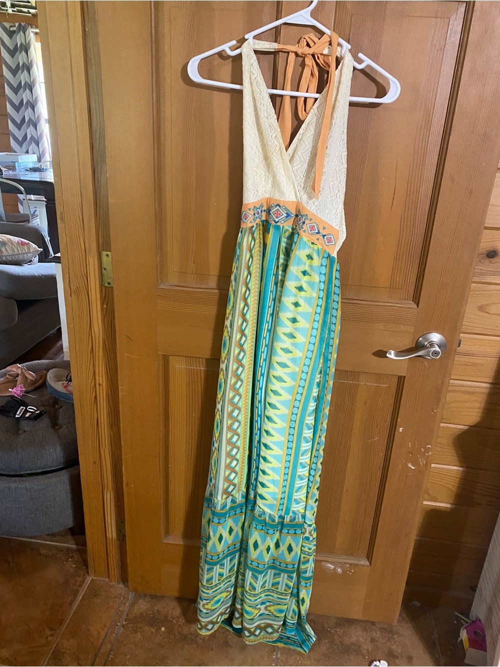 Flying Tomato Cream Lace & Teal Patterned Halter Maxi Dress